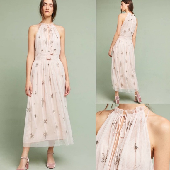 Anthropologie Dresses & Skirts - Anthropologie Amiens Halter Maxi Dress by Chan Luu Pink Beaded Sheer *No Slip*